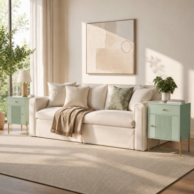 Homcom Modern End Table Set Of 2 With Drawer And Cabinet, Light Green - image 1