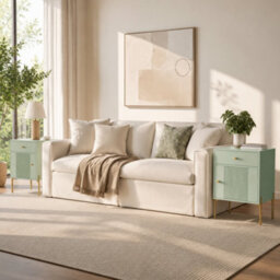 Homcom Modern End Table Set Of 2 With Drawer And Cabinet, Light Green - thumbnail 1