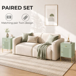 Homcom Modern End Table Set Of 2 With Drawer And Cabinet, Light Green - thumbnail 4