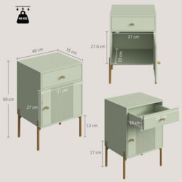 Homcom Modern End Table Set Of 2 With Drawer And Cabinet, Light Green - thumbnail 3