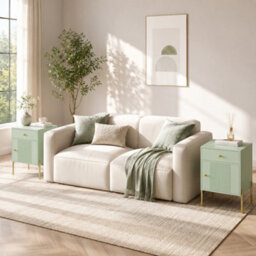 Homcom Modern End Table Set Of 2 With Drawer And Cabinet, Light Green - thumbnail 2
