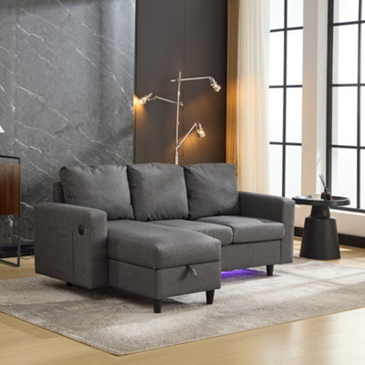 Grey 3 Seater L-Shaped Sofa With Storage, Usb, Led Lights And Side Pockets - image 1