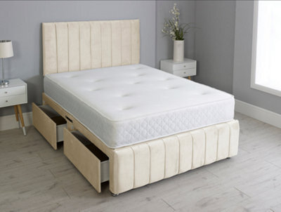 Comfy Deluxe 3Ft Single Panel Cream Plush Divan Bed Set Headboard & Footboard 2 Drawers Right Side - image 1