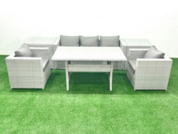 Fimous Garden Dining Set Outdoor Rattan Furniture Set Sofa Dining Table 2 Chairs 2 Side Tables Light Grey - thumbnail 2
