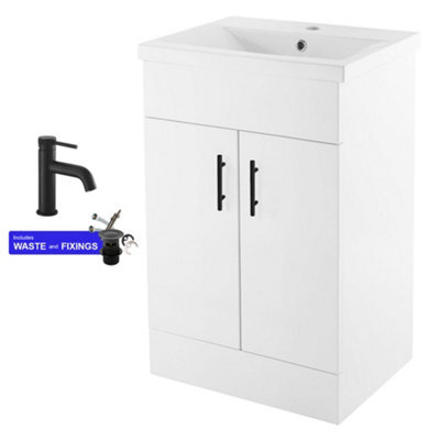 FNX Bathrooms 500mm White Cloakroom Vanity Unit & Basin Set With 2 Soft-Close Doors, Black Handles & Matt Black Mixer Tap - image 1