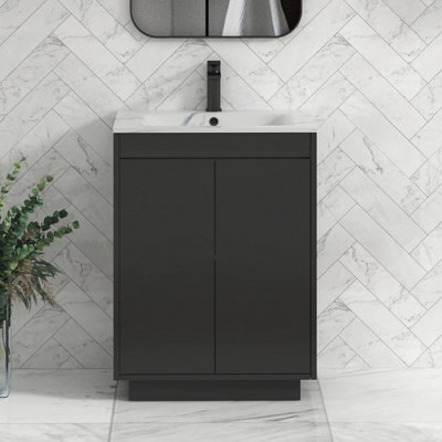 Royal Bathrooms Orion 600mm Matt Obsidian Black 2 Door Floor Standing Vanity Unit With Carrara White Basin & Black Accent Trim - image 1
