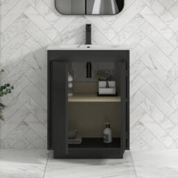 Royal Bathrooms Orion 600mm Matt Obsidian Black 2 Door Floor Standing Vanity Unit With Carrara White Basin & Black Accent Trim - thumbnail 4