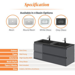 Plum&clay Marvel Gloss Dark Grey Wall Hung Bathroom Vanity Unit With Grey Glass Basin (W)1200mm - thumbnail 4