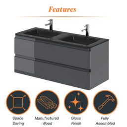 Plum&clay Marvel Gloss Dark Grey Wall Hung Bathroom Vanity Unit With Grey Glass Basin (W)1200mm - thumbnail 5
