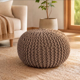 Bravich Beige Chunky Knitted Pouffe Footstool - 50Cm Round - thumbnail 1