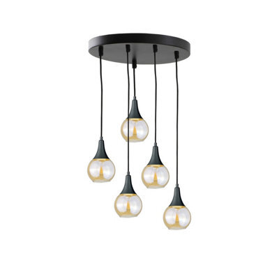 Luminosa Lighting Luminosa Lacrima Cluster Pendant Ceiling Light Black Amber Glass Shade 5X E27 - image 1