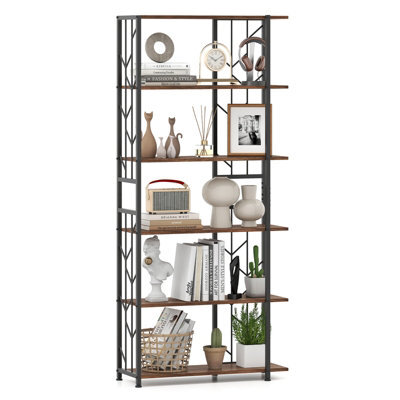 Gainoom 6-Tier Brown Bookshelf Modern Geometric Bookcase With Heavy-Duty Metal Frame - image 1