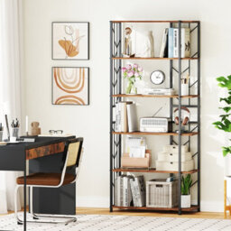 Gainoom 6-Tier Brown Bookshelf Modern Geometric Bookcase With Heavy-Duty Metal Frame - thumbnail 4