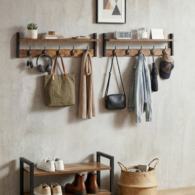 Levede Coat Rack Wall Mounted Wooden Hook Hanger Storage Shelf 2 Pack Brown - image 1