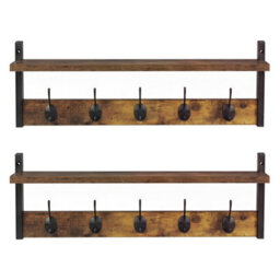 Levede Coat Rack Wall Mounted Wooden Hook Hanger Storage Shelf 2 Pack Brown - thumbnail 3