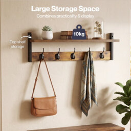 Levede Coat Rack Wall Mounted Wooden Hook Hanger Storage Shelf 2 Pack Brown - thumbnail 6