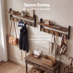 Levede Coat Rack Wall Mounted Wooden Hook Hanger Storage Shelf 2 Pack Brown - thumbnail 5