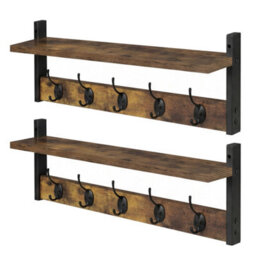 Levede Coat Rack Wall Mounted Wooden Hook Hanger Storage Shelf 2 Pack Brown - thumbnail 2
