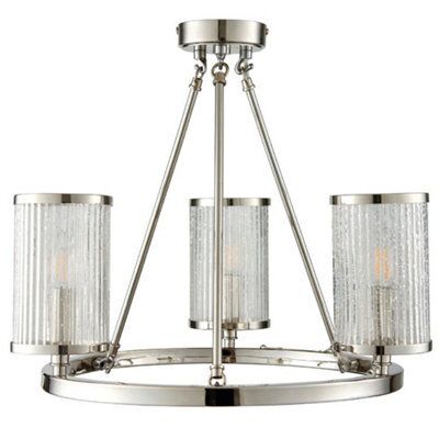 3 Light Chandelier Pendant Nickel Ribbed Glass Shade Hanging Ceiling Lamp Holder - image 1