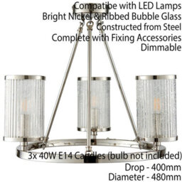 3 Light Chandelier Pendant Nickel Ribbed Glass Shade Hanging Ceiling Lamp Holder - thumbnail 2