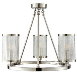 3 Light Chandelier Pendant Nickel Ribbed Glass Shade Hanging Ceiling Lamp Holder - thumbnail 1