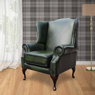 Chesterfield Flat Saxon High Back Wing Chair Antique Green Leather In Mallory Style - image 1