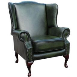 Chesterfield Flat Saxon High Back Wing Chair Antique Green Leather In Mallory Style - thumbnail 2