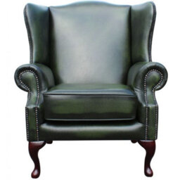Chesterfield Flat Saxon High Back Wing Chair Antique Green Leather In Mallory Style - thumbnail 3