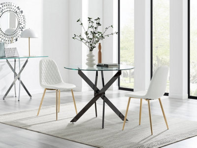 Furniturebox Uk Novara 100Cm Round Black Leg Dining Table & 2 White Corona Gold Chairs - image 1
