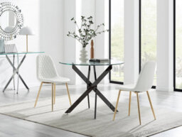 Furniturebox Uk Novara 100Cm Round Black Leg Dining Table & 2 White Corona Gold Chairs