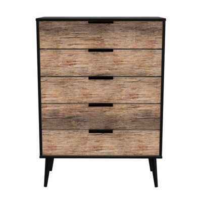 Fuji 5 Drawer Chest In Vintage Oak & Black (Ready Assembled)