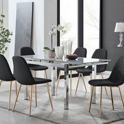 Furniturebox Uk Enna White Glass Extending Dining Table And 6 Black Corona Gold Leg Chairs - image 1