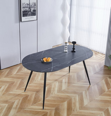 Hallowood Furniture Cullompton Oval Dining Table 160Cm With Grey Marble Effect Top And Black Legs - image 1