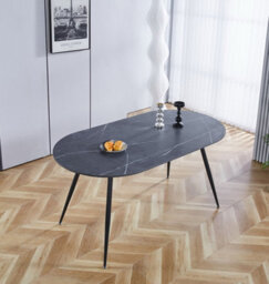 Hallowood Furniture Cullompton Oval Dining Table 160Cm With Grey Marble Effect Top And Black Legs