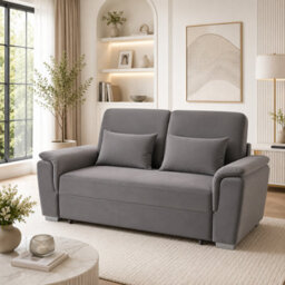 Rexwood Tokyo 2 Seater Pull Out Sofa Bed With Storage - Plush Velvet Fabric & Foam Cushions - Grey