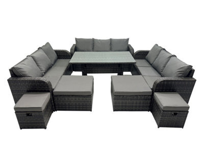 Fimous 13 Seater Garden Outdoor Rattan Furniture Set Rattan Sofa Oblong Dining Table With 4 Footstools Dark Grey - image 1