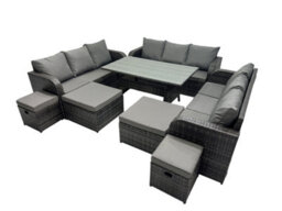 Fimous 13 Seater Garden Outdoor Rattan Furniture Set Rattan Sofa Oblong Dining Table With 4 Footstools Dark Grey - thumbnail 2