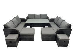 Fimous 13 Seater Garden Outdoor Rattan Furniture Set Rattan Sofa Oblong Dining Table With 4 Footstools Dark Grey - thumbnail 1