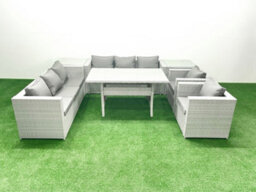 Fimous Rattan Garden Furniture Set Outdoor 8 Seater Patio Dinin G Sofa Sets Dining Table 2 Chairs 2 Side Tables Light Grey - thumbnail 2