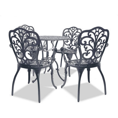 Homeology Bangui Grey Luxurious Garden And Patio Table And 4 Large Chairs With Armrests Cast Aluminium Bistro Set - image 1