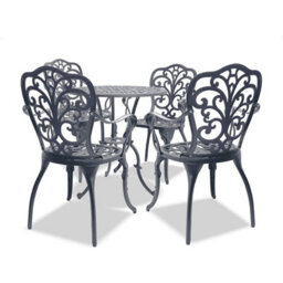 Homeology Bangui Grey Luxurious Garden And Patio Table And 4 Large Chairs With Armrests Cast Aluminium Bistro Set