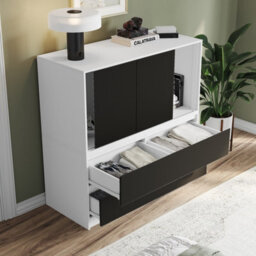 Urbn-Living Urbnliving 120Cm Height White With 3 Sliding Black Door 4 Drawer  Bedside Cabinet Storage End Unit Bedroom Furniture - thumbnail 5