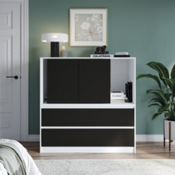 Urbn-Living Urbnliving 120Cm Height White With 3 Sliding Black Door 4 Drawer  Bedside Cabinet Storage End Unit Bedroom Furniture - thumbnail 2