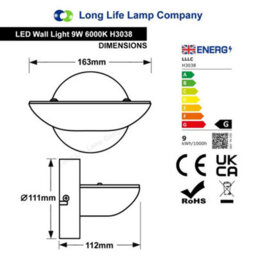 Long Life Lamps Company 9W Led Wall Light Brushed Chrome Opal Diffuser Cool White 6000K H3038 - thumbnail 2