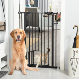 Pawhut Extra Tall Dog Gate With Cat Door Auto Close For Stairs 74-80 Cm Wide - thumbnail 1