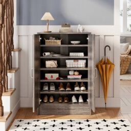 Living And Home 6 Tier Shoe Cabinet Wood Effect Double Door Shoe Stand Organizer Shoe Storage - thumbnail 2