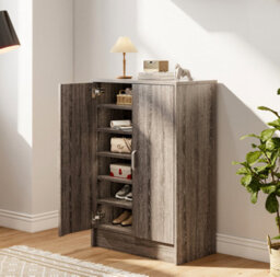 Living And Home 6 Tier Shoe Cabinet Wood Effect Double Door Shoe Stand Organizer Shoe Storage - thumbnail 1