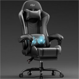 Massage Gaming Chair With Footrest, Headrest & Lumbar Support, Height Adjustable For Home, Grey Black - thumbnail 1