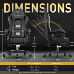Massage Gaming Chair With Footrest, Headrest & Lumbar Support, Height Adjustable For Home, Grey Black - thumbnail 3