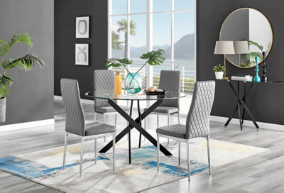 Furniturebox Uk Novara Black Leg 120Cm Round Glass Dining Table & 4 Grey Milan Chrome Leg Chairs - image 1